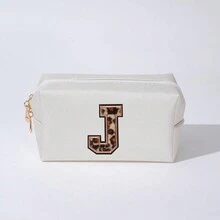 Simple Style Letter Embroidery Makeup Bag Waterproof Cosmetic Bag Travel Portable Storage Small Toiletry Bag Letter Printing Make Up Bag Valentine'S Day Gift PU Leather - Beige - View 12