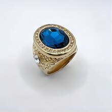 1pc Fashionable Gemstone Inlaid 18k Yellow Gold Plated Ring, Unisex Personalized High-End Jewelry Accessory - Sapphire - View 4