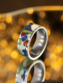 1pc Fashionable Simplicity Painted Stainless Steel Ring For Women, Couples, Valentine's Day Gift - A - View 15