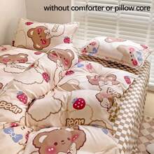 3pcs Polyester Bedroom Floral Duvet Cover And Pillowcases Set - Strawberry Bear - View 4