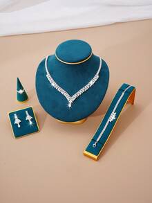 5入組精美水晶項鍊、耳環、手鍊和戒指套裝,適合女性的婚禮、生日、節日、派對穿著 - 銀色 - 查看 2