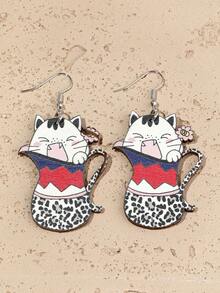1對女士時尚休閒貓圖案木質耳環,假期送給家人和朋友的完美禮物 - 彩色 - 查看 4