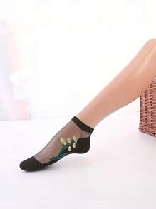 5雙女式透氣絲襪,絲綢短襪帶有提花圖案,黑色 - 黑色 - 查看 6