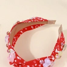 1頂流行的心形寬結頭髮箍,鑲有鑽石和珍珠裝飾,適用於女孩、節日、派對和日常打扮 - 紅色 - 查看 5