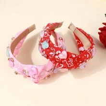 1頂流行的心形寬結頭髮箍,鑲有鑽石和珍珠裝飾,適用於女孩、節日、派對和日常打扮 - 紅色 - 查看 8