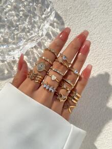 15入組時尚精美的女士戒指套裝,有心形、樹葉、八角形、波紋、空心、鑲嵌人造藍寶石 - 十五件套戒指 - 查看 3