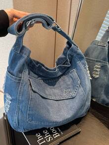 Solid Color Denim Portable Zipper Fashion Hobo Bag, Large Capacity Shoulder Bag, Crossbody Bag, Must-Have Shopping Bag For Women, Tote Bag, Suitable For Girls, Ladies, College Students Commuting, Outdoor Travel And Daily Use