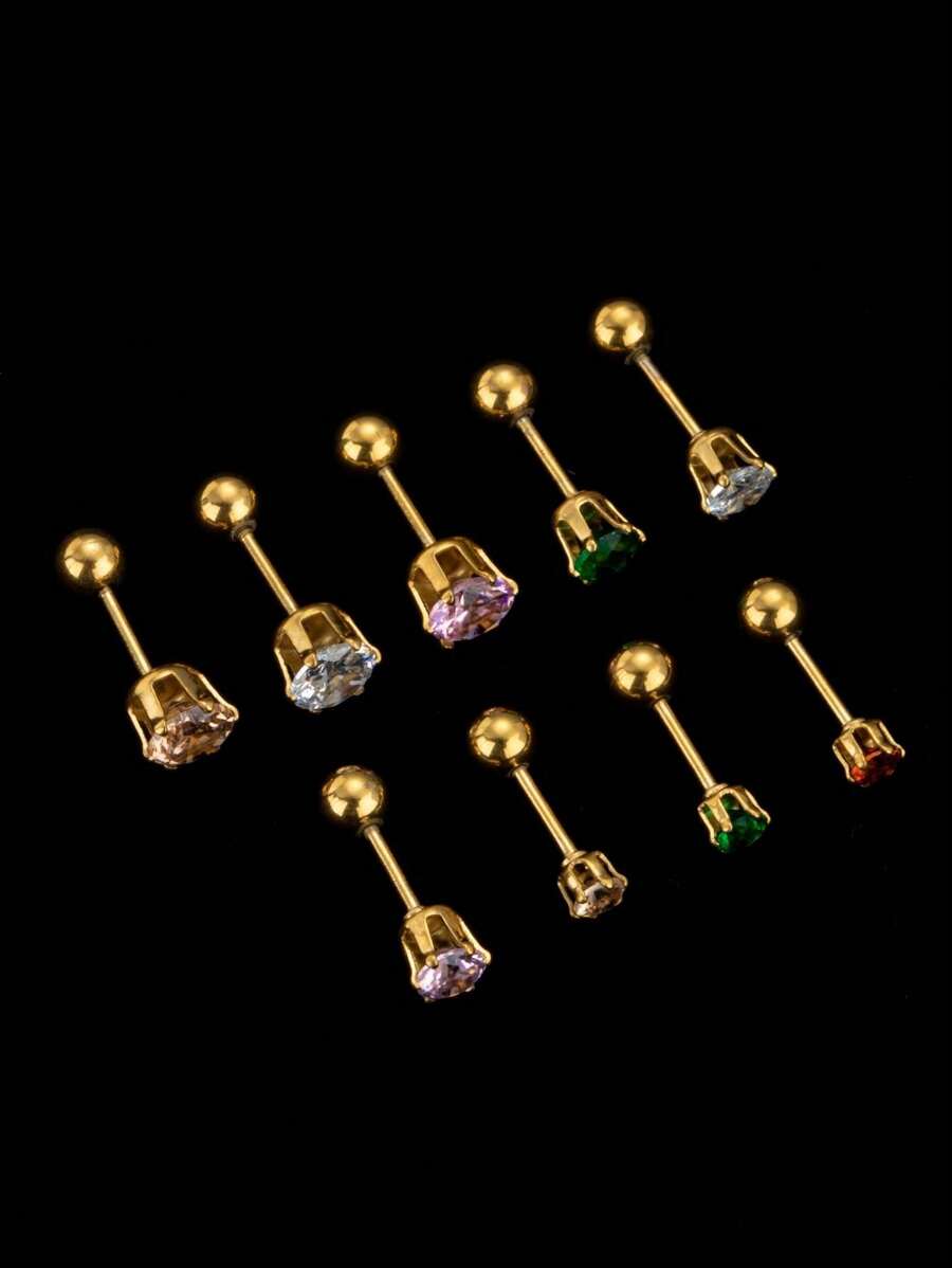 彩色鑽石釘耳環、鼻釘、不褪色不變色的不銹鋼材質、適用於女士、歐美時尚風格,款式多變、適合日常佩戴 - 3# - 查看 1