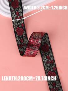 2m/Roll 3.2cm Width Polyester Jacquard Ribbons With Black Base, Gold Leaves & Wine Red Roses Pattern, For Clothing Decoration - Multicolor - View 2