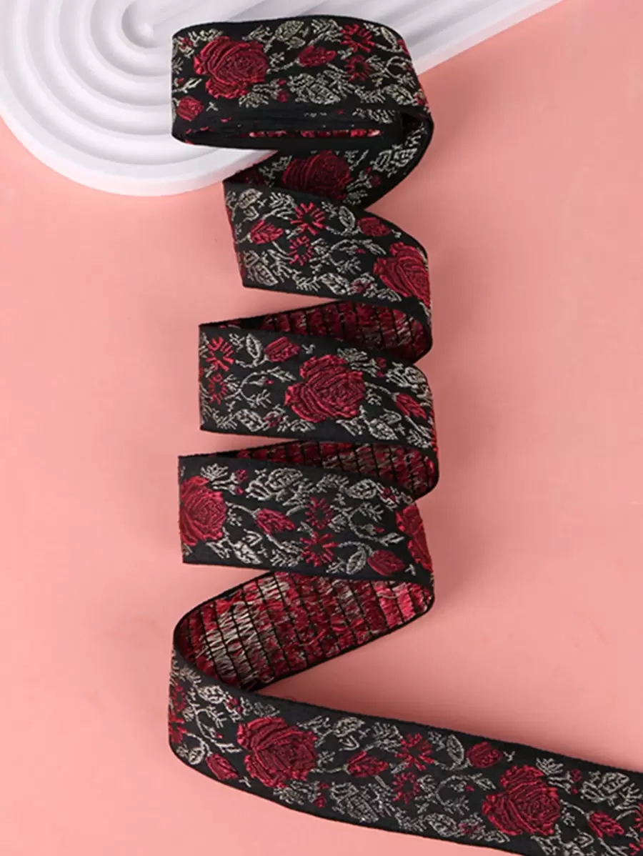 2m/Roll 3.2cm Width Polyester Jacquard Ribbons With Black Base, Gold Leaves & Wine Red Roses Pattern, For Clothing Decoration - Multicolor - View 1