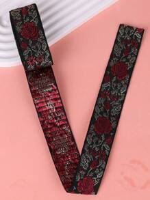 2m/Roll 3.2cm Width Polyester Jacquard Ribbons With Black Base, Gold Leaves & Wine Red Roses Pattern, For Clothing Decoration - Multicolor - View 3