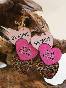 1pair Valentine's Day Wooden Printed Love Ear Studs & Heart-Shaped Alphabet Ear Studs & Be Mine Alphabet Ear Studs & Leopard Print Ear Studs - Hot Pink - View 7