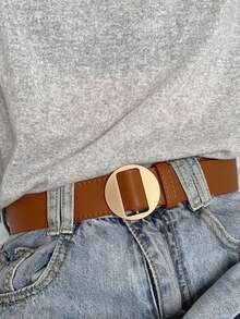 1條女士圓扣皮帶,無孔,復古簡約腰帶,適用於連衣裙、外套、西裝、毛衣和牛仔褲等衣服 - 棕色 - 查看 2