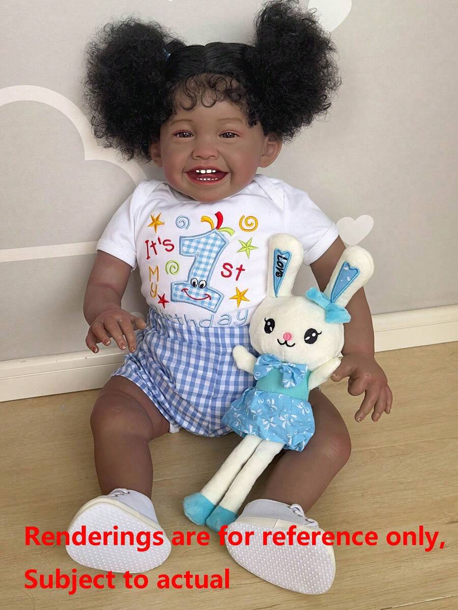 GUESSBELLY 24吋黑色可愛微笑手工仿真娃娃,精湛工藝,60厘米布身插髮重生娃娃