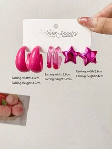 1套 3對經典創意混合設計帶扣細節的勾型耳環,多功能休閒c形圈耳環套裝 - 彩色 - 查看 13