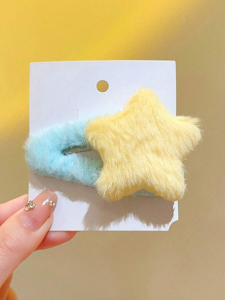 1入黃色毛絨髮夾,可愛的星形髮夾適用於兒童,冬季髮飾禮物 - 黃色 - 查看 1