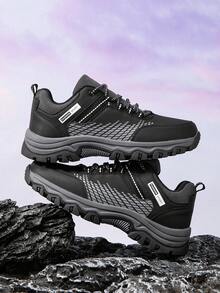 男士前綁帶黑色色塊防滑耐磨行山及跑步運動鞋,強力抓地力 - 黑色 - 查看 7