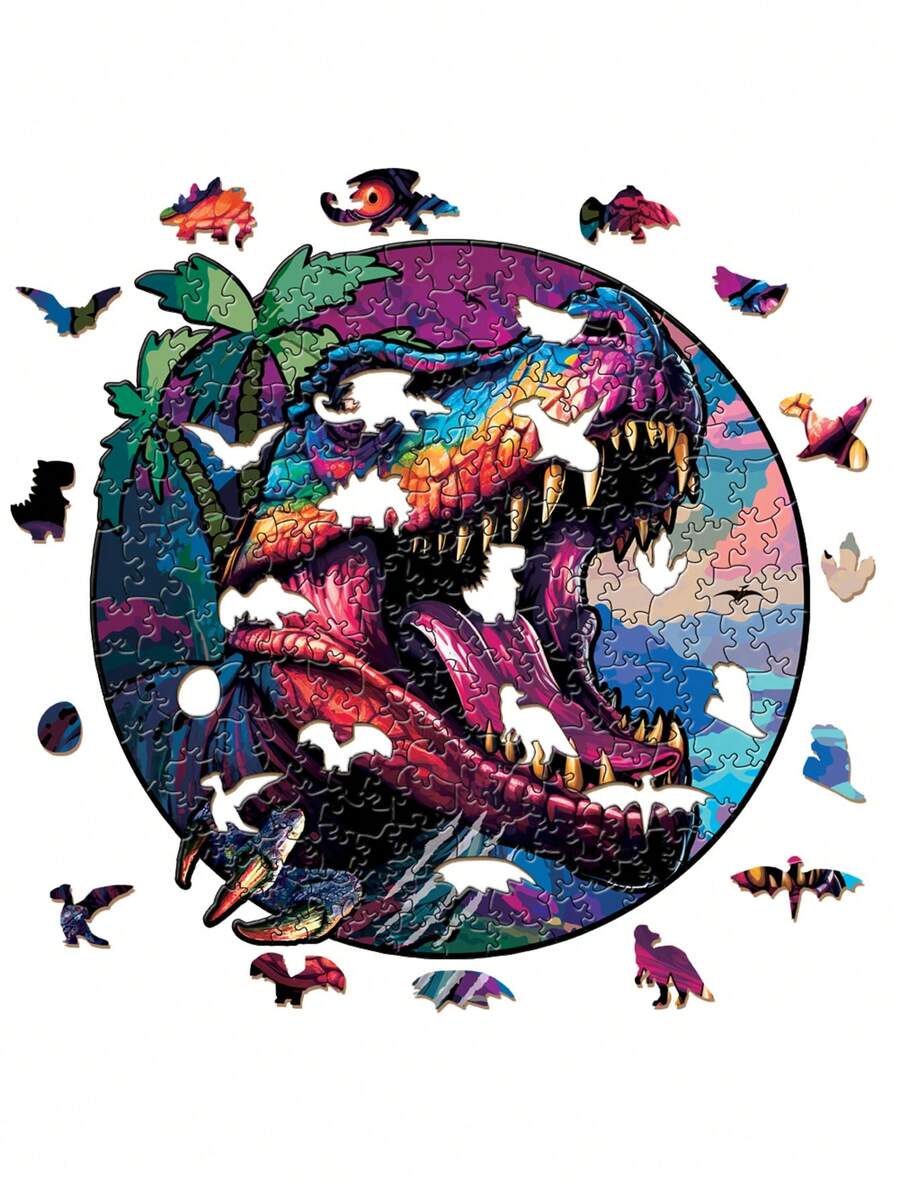 1 件套减压恐龙不对称木块创意图案成人家庭聚会木制拼图挂画装饰 - 彩色 - 查看 1