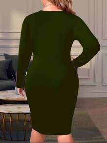 Long Sleeve Crossed Hem Curvy Dress - 軍綠色 - 查看 2