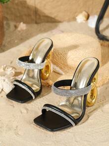 Women's Asymmetric Heel Black Sandals With Rhinestone Strap - Black - View 6