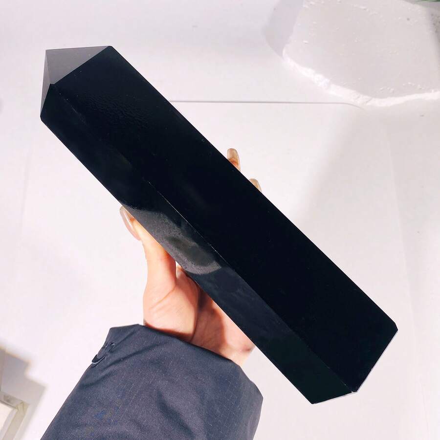 1入組天然晶體黑曜石大型療癒水晶塔,黑曜石柱,黑曜石塔,大型黑曜石魔杖,靈修,療癒水晶,六角柱塔適用於家居裝飾。 - 黑色 - 查看 1