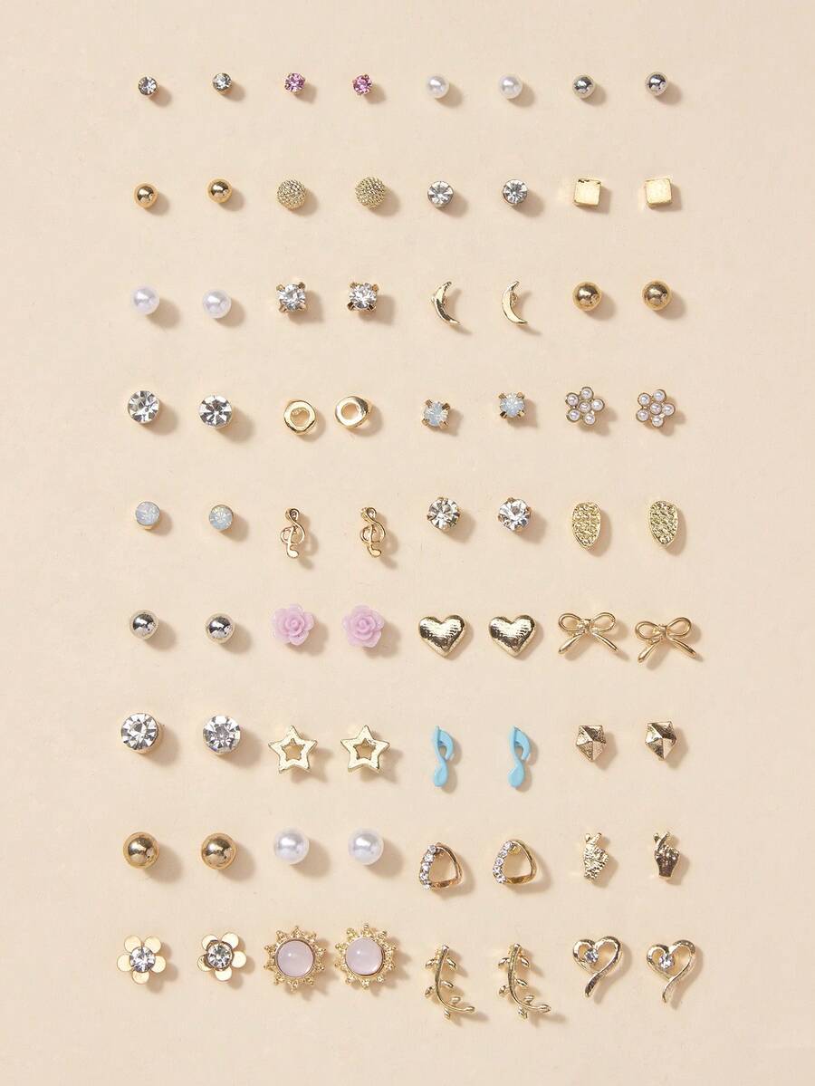 36對/套時尚音符珍珠心形金屬花卉幾何簡約釘式耳環套裝,適合女性日常佩戴和節日送禮珠寶配件 - 彩色 - 查看 1