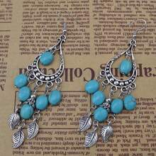 European And American National Wind Small Tree Leaf Branch Fringe Turquoise Long Drip Shaped Earrings Jewelry2PCS - Ancient Silver - View 6