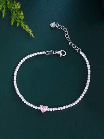 1pc Adjustable Size Genuine 925 Sterling Silver Pink Cubic Zirconia Heart Shape Tennis Bracelet For Women, Wedding, Engagement, Mother's Day, Valentine's Day Gifts Valentines