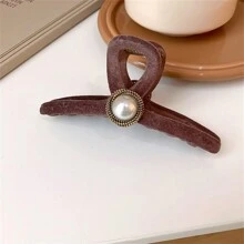 1入優雅韓式大珍珠髮夾，毛絨髮爪和髮爪髮飾，適用於秋冬季節 - 卡其色 - 查看 5