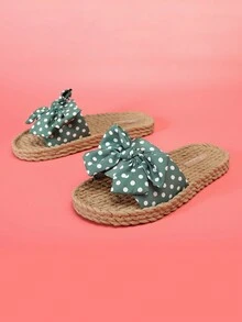 Polka Dot Bowknot Women's Indoor Home Slippers, Fashionable And Versatile Open Toe Slides For Summer - Mint Green - View 2