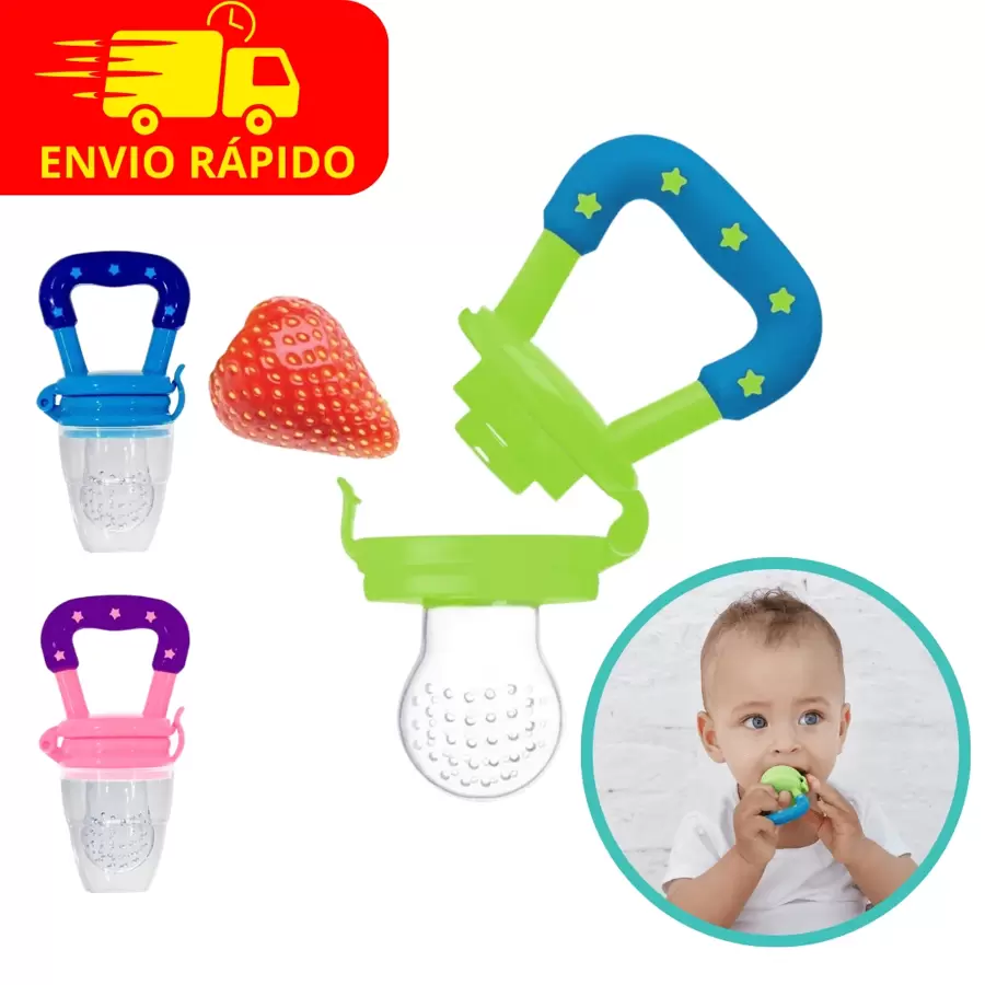 Chupeta Alimentadora Para Introdução Alimentar de Frutas Com Tampa Higiênica Prática Com Bico De Mamadeira Macio Para Bebês - Azul - Visão 1