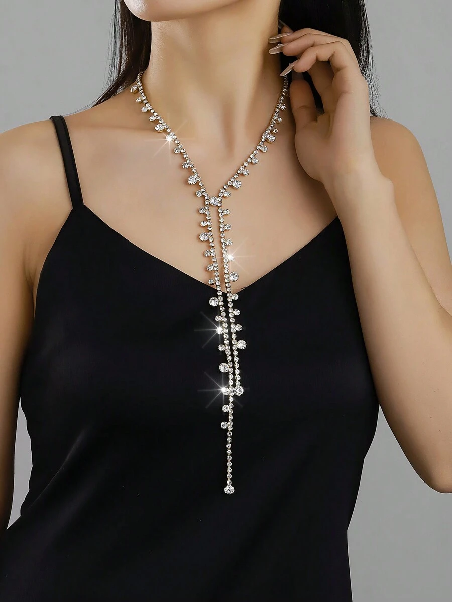 1set Y-Shaped Claw Chain Bridal Necklace With Glass Rhinestone, Classic, Elegant And Versatile - Yellow Gold - View 1