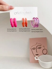 1套/3對經典方格設計創意耳環,多種顏色可供日常配戴 - 彩色 - 查看 22