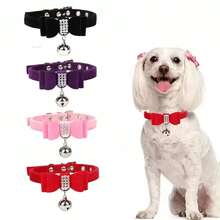 1入組可愛鑲鑽蝴蝶結配隨行鈴鐺小狗貓頸圈，安全柔軟絨面材質，寵物用品項之一，4色可選 - 紅色 - 查看 1