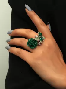 1個復古波西米亞風格的綠色鋅合金蝴蝶和玫瑰形狀鑲嵌鑽石戒指,適合日常和派對佩戴 - 綠色 - 查看 1