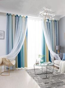 2pc Star Curtains,Bedroom Curtains With 2 Panels Colorful Double Layer Draperie Gradient Rainbow Blackout Curtains Bedroom Living Room Darkening Striped Double Layer Star Cut Home Decor Window Curtains With Gradient Eyelets, Anti-Cold, Blackout Star Curtains For Living Room, Decoration, Soundproofing, Thermal Insulation (100x130cm) - 藍色的 - 查看 1