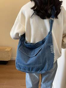 Solid Color Denim Portable Zipper Fashion Hobo Bag, Large Capacity Shoulder Bag, Crossbody Bag, Must-Have Shopping Bag For Women, Tote Bag, Suitable For Girls, Ladies, College Students Commuting, Outdoor Travel And Daily Use