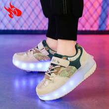 Boys' & Girls' Roller Sneakers With Retractable Wheel, Light Up Wheels, Safe Stabilizer Function For Skating Activities - Khaki - View 3