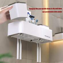 Luxury Toothbrush Cup Holder Set, Removable, No Drilling, Storage Rack, Bathroom - White Toothbrush Rack [2 Mouthwash Cups] - View 2