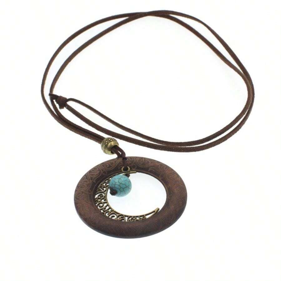 1pc Handmade Vintage Moon & Leaf Design Long Necklace, Suitable For Men & Women, Daily Wear, Festival Gift - Brown - View 1