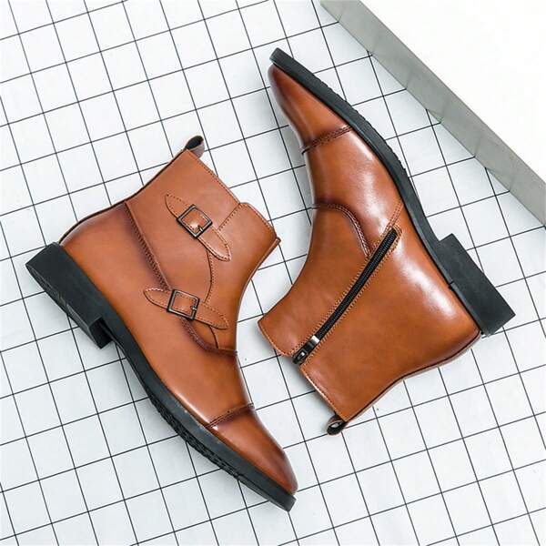 Men's High-Top Boots With Zipper & Buckle Detail, Solid Color, British Style For Party, Casual Wear