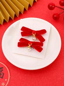 2/10pcs/Bag Sweet Red Velvet Bow & Pearl Decor Hairpins For Daily Wear, Festivals, Dates, Parties, Gatherings And Hair Styling - Red - View 10