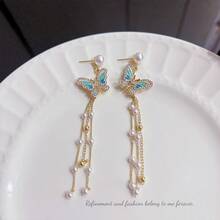 鑽石珍珠蝴蝶耳環流蘇鏈閃爍流蘇鏈蝴蝶耳釘派對舞蹈婚禮 - 彩色 - 查看 6