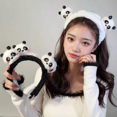 1 件黑白熊猫毛绒宽头带发饰，适合女士日常生活、洗脸、派对装扮、可爱、发带、发箍头带