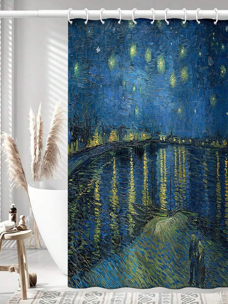 1pc Vincent Van Gogh Painting Series Printed Shower Curtain, Waterproof And Separating Dry And Wet, Suitable For Outdoor, Kitchen, Bathroom, Doorway, Comes With Shower Curtain Rings - Multicolor - View 1