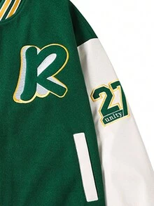 Men's Patchwork Outdoor Baseball Jacket With Letter Print - Green - View 3