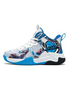 1 Paire De Baskets Imprimées Graffitis Pour Garçons, Adaptées À L'entraînement Intérieur Et Extérieur, Quatre Saisons, Antidérapantes Et Résistantes À L'usure, Avec Lacets, Chaussures De Basket-ball