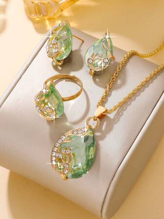 4 Unidades / Conjunto Conjunto De Colar De Pedras Preciosas Com Gota De Lágrima Verde Água Elegante Para Mulheres