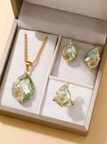 4pcs/Set Ladies' Fashionable Water Green Tear Drop Gemstone Necklace Set - Green - View 1