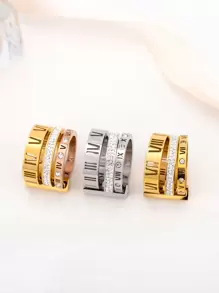 1 件男士奢华不锈钢 18k 镀金戒指，带水钻和镂空罗马数字三环关节设计，理想的生日礼物 - 金黃色 - 查看 3